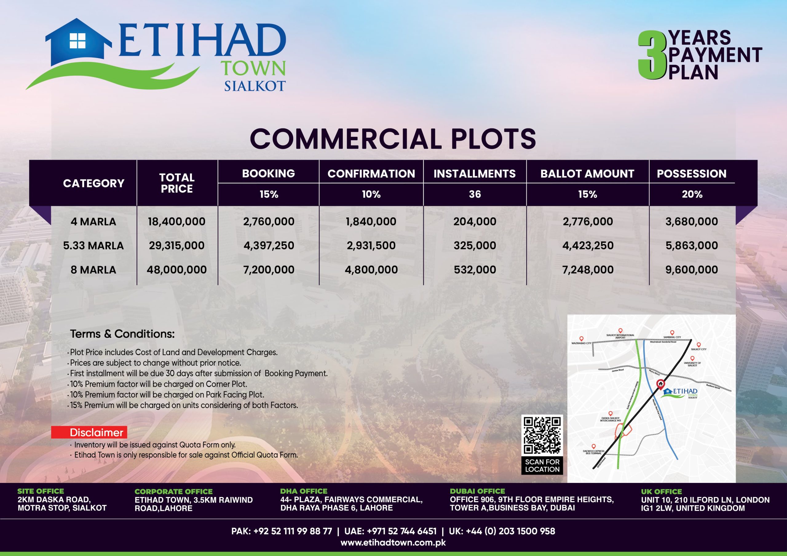 Etihad Town Sialkot Commercial Plots Payment Plan