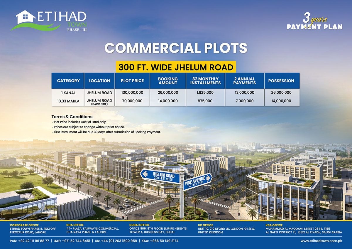 Etihad Town Lahore Phase 3 Jhelum Road Commercial Plots 3 Years Payment Plan