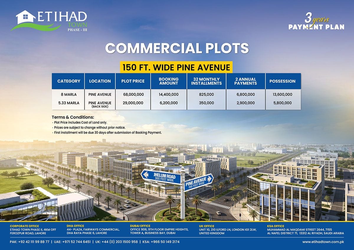 Etihad Town Lahore Phase 3 Pine Avenue Commercial Plots 3 Years Payment Plan