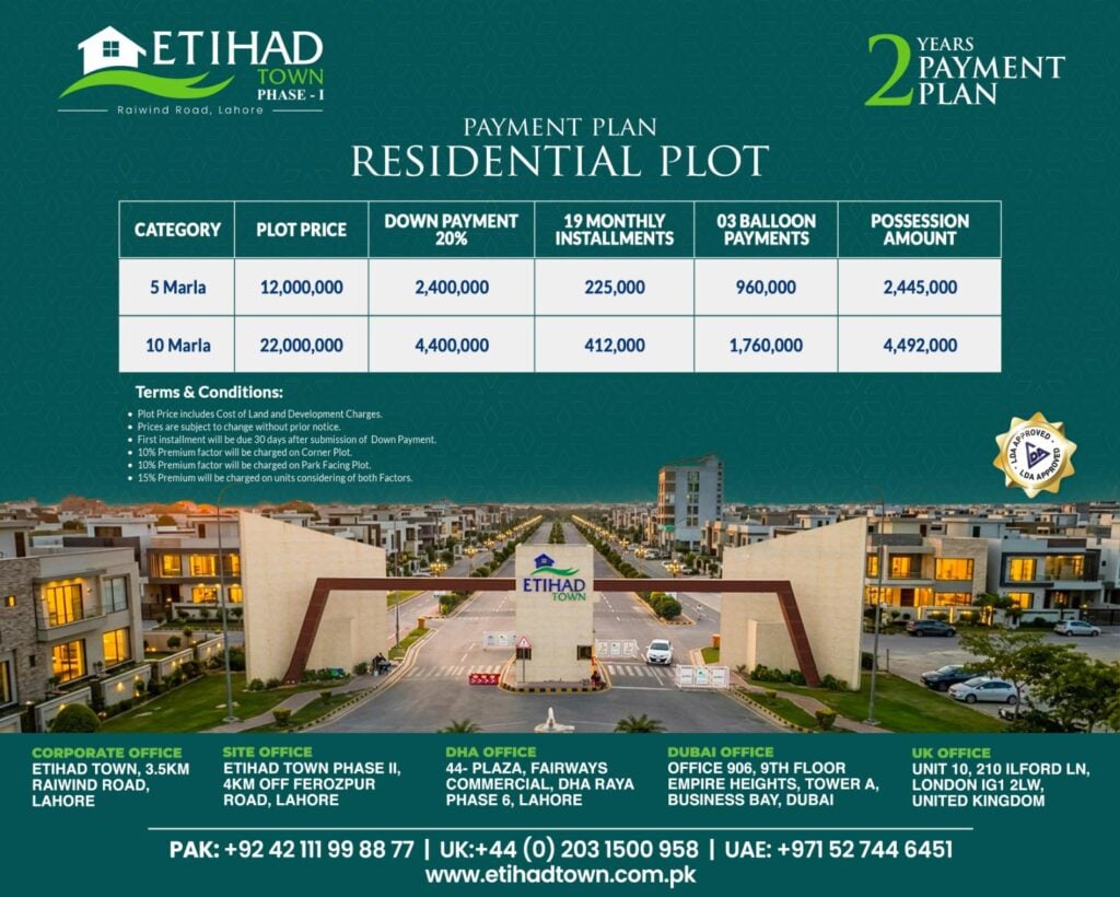 Etihad Town Lahore Phase 1 Residential Plot 2 Years Payment Plan