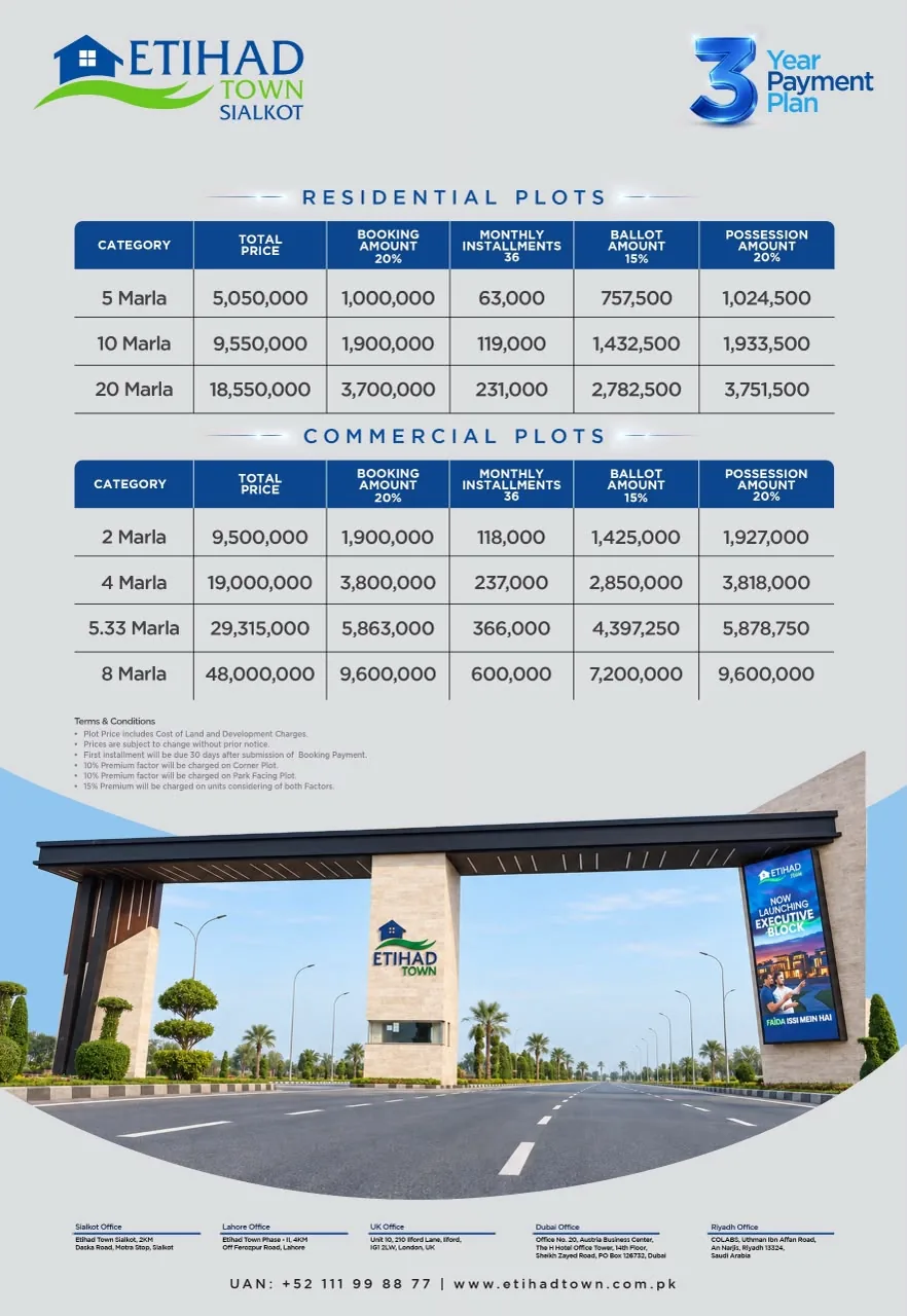 Etihad Town Sialkot Payment Plan 3 Years